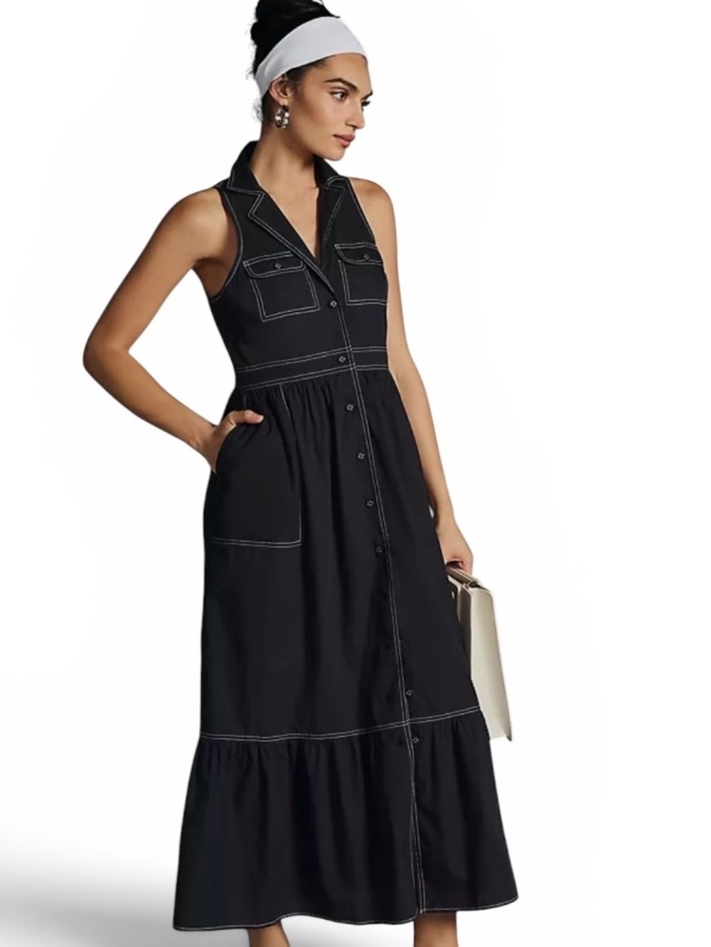 Meave by Anthropologie Sz 4 Sleeveless Black Maxi White Contrast Stitching | NWT